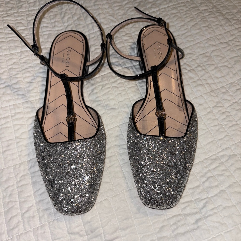 Gucci Marmont Silver Glitter T-strap ballerina flats